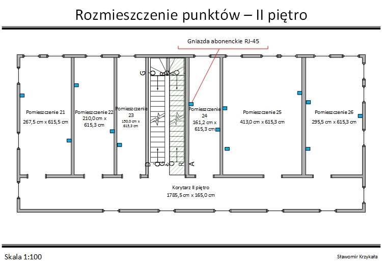 Schemat II piętro - rozmieszczenie punktów abonenckich