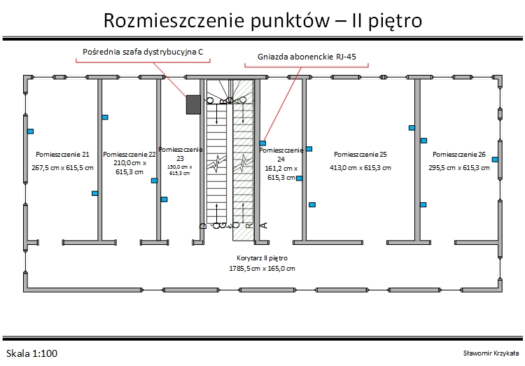 Schemat II piętro - rozmieszczenie punktów abonenckich i szaf dystrybucyjnych