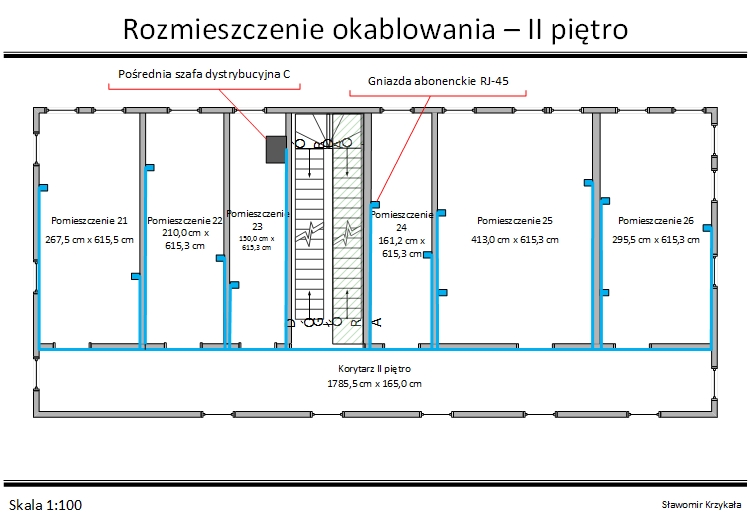 Schemat II piętro - rozmieszczenie punktów abonenckich, szaf dystrybucyjnych i okablowania