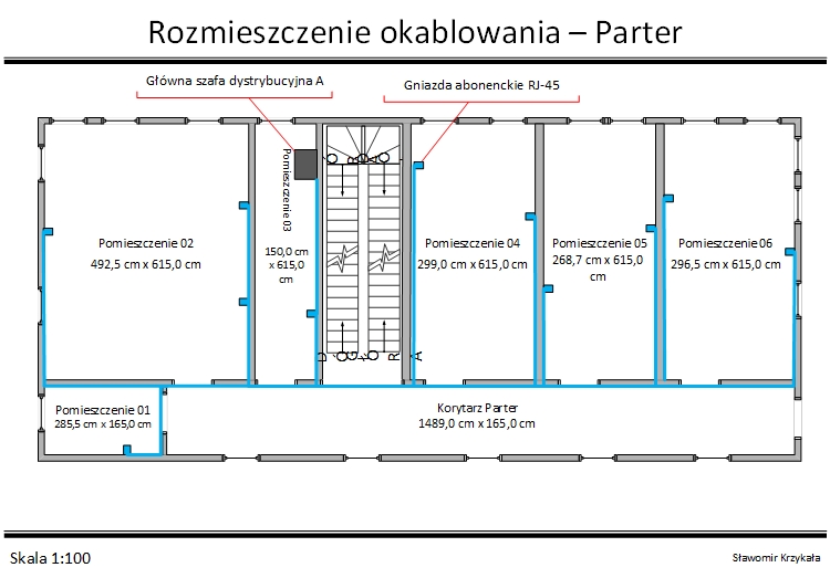 Schemat parter - rozmieszczenie punktów abonenckich, szaf dystrybucyjnych i okablowania